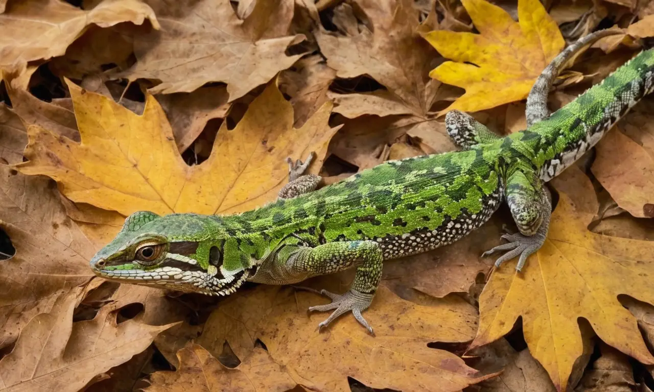 Bosque soleado con lagarto camuflado