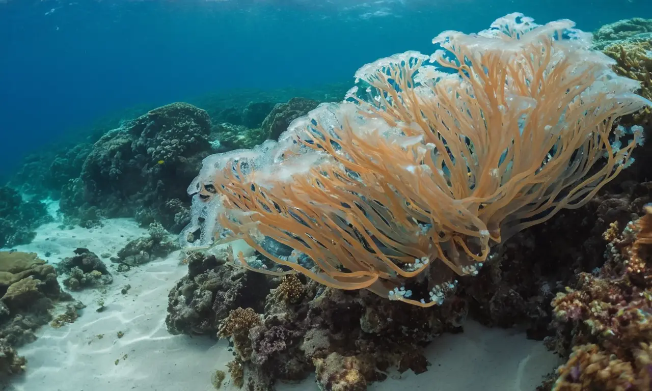 Medusa azul con tentáculos en un mar vibrante