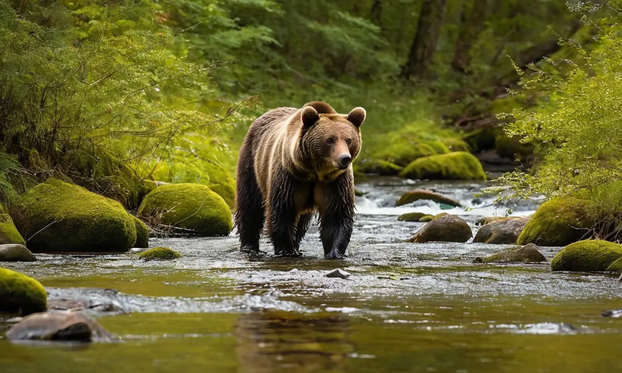 Un oso pardo junto a un arroyo