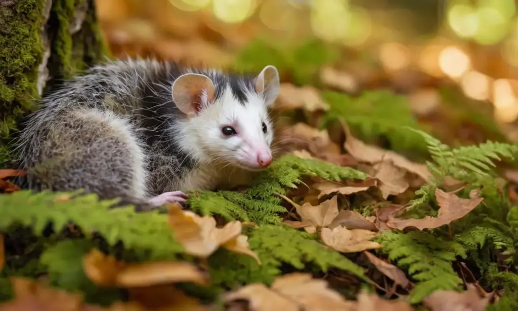 Opossum realista descansa en el bosque