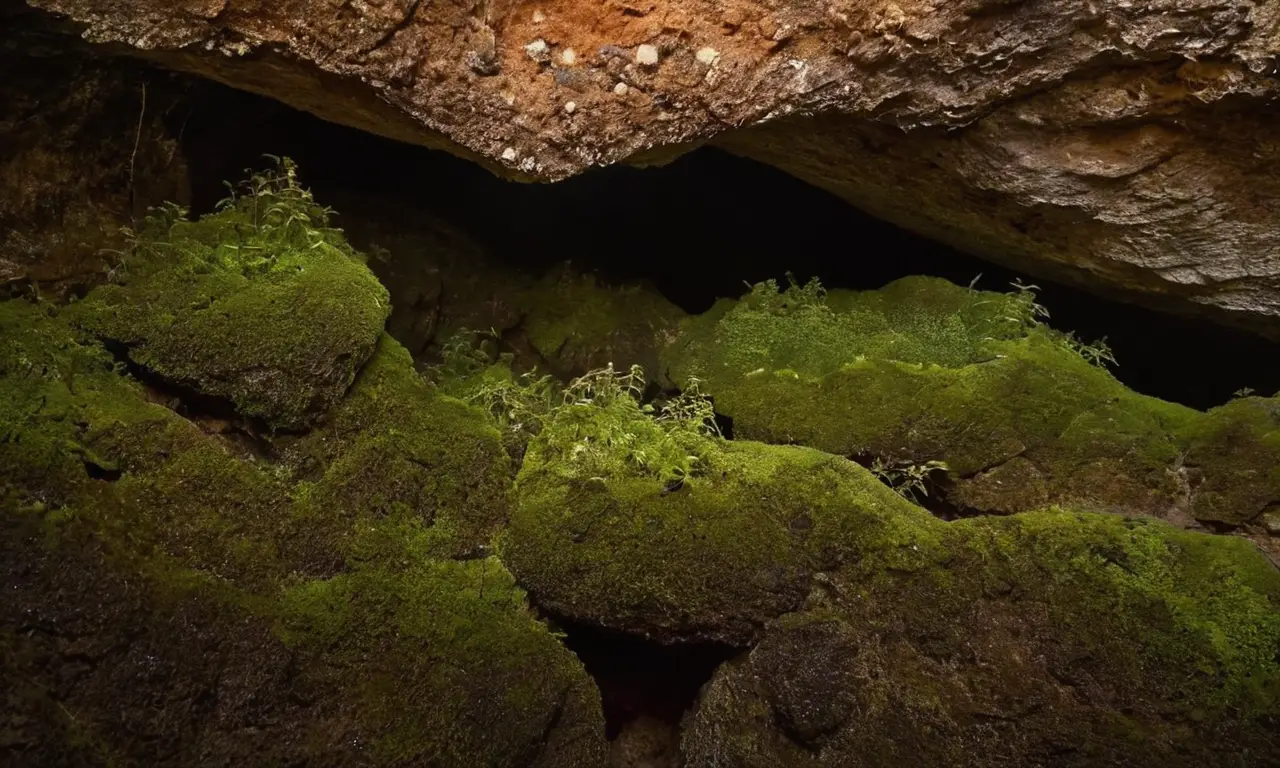 Cueva oscura y bioluminiscente, vida adaptada