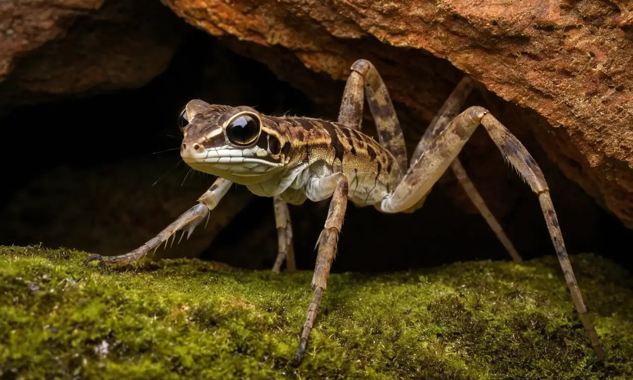 Cueva oscura con Sinopoda scurion acechando