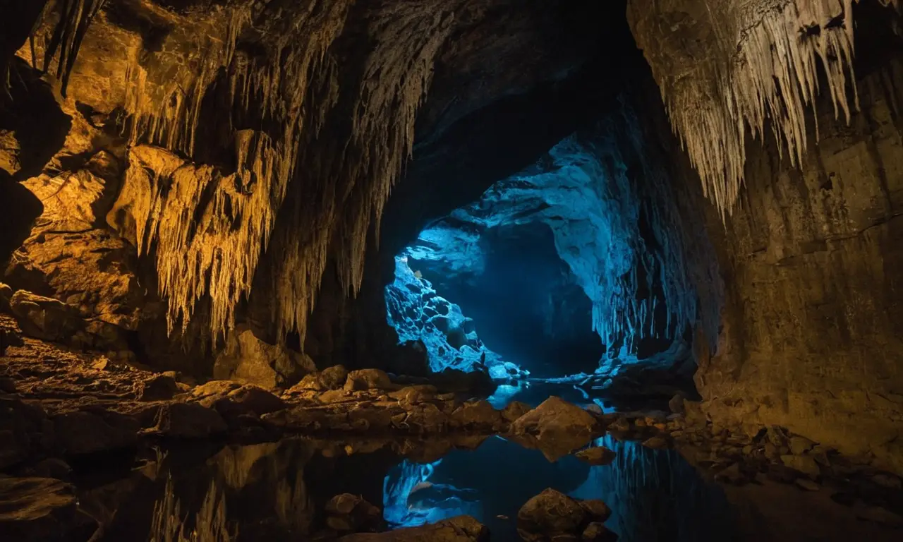 Cueva oscura con vida y belleza frágil