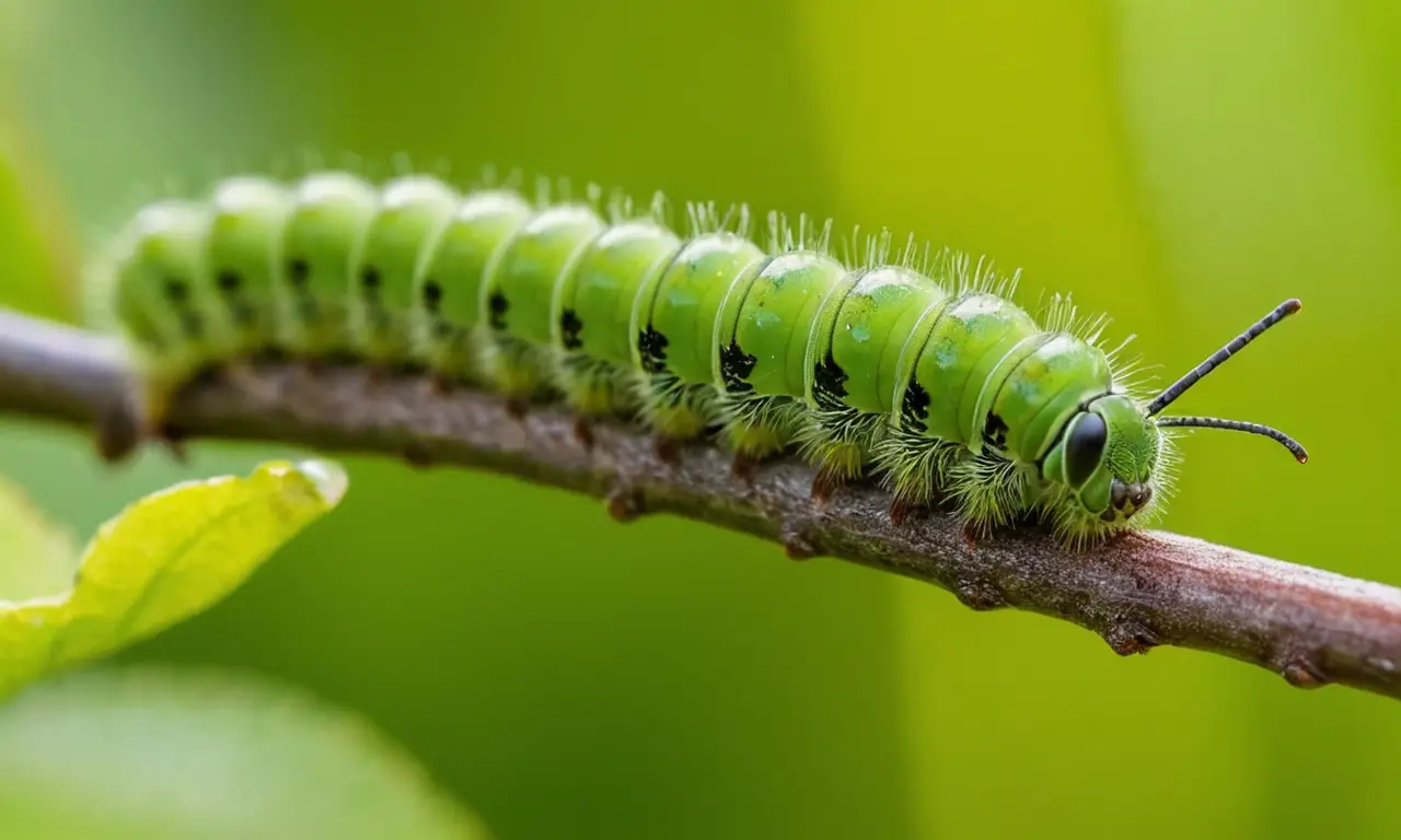 Caterpillar destacándose entre hojas verdes