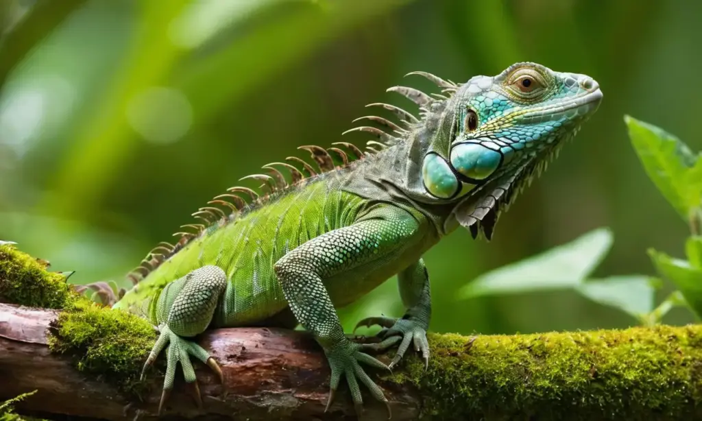 Iguana verde observando en un bosque iluminado