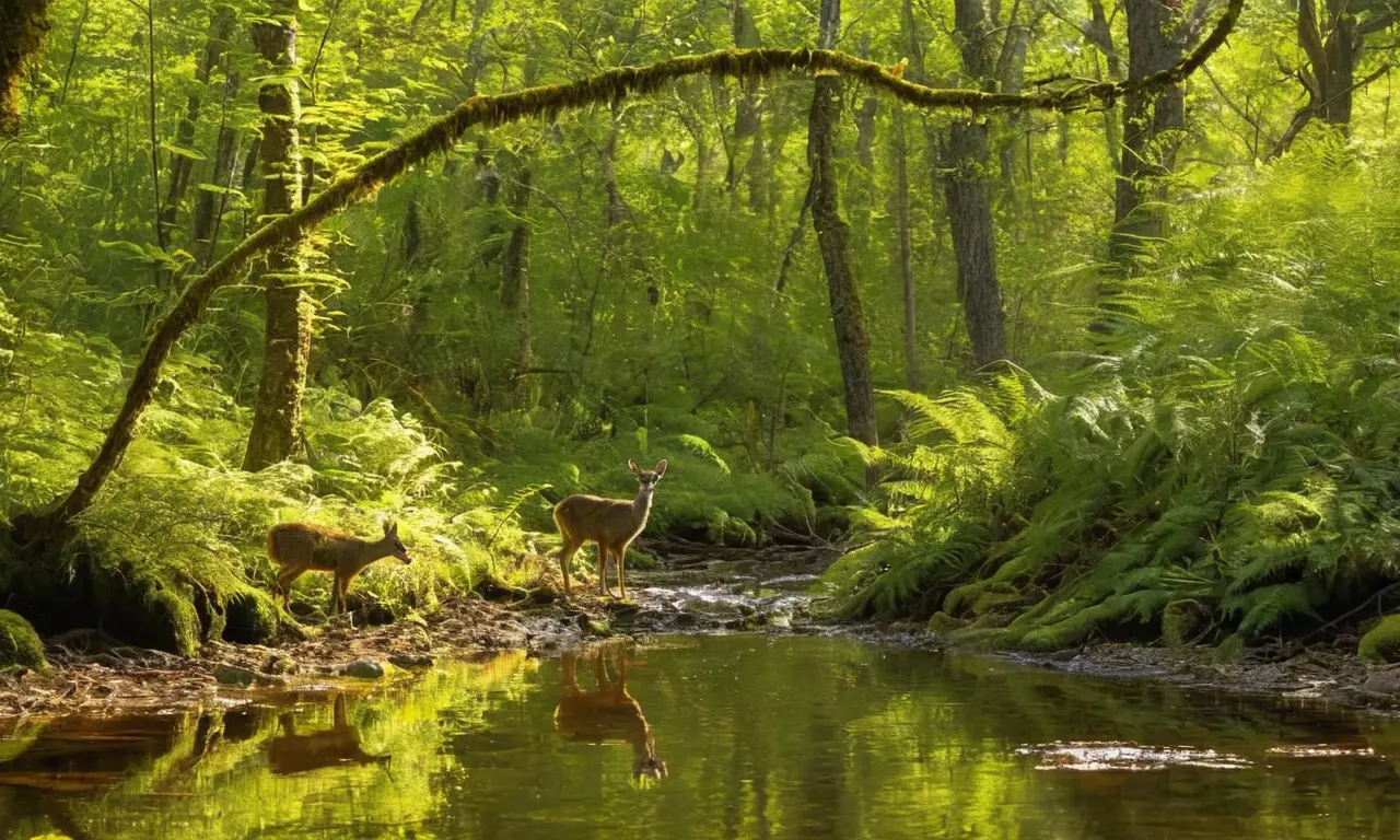 Bosque americano vibrante con fauna y agua