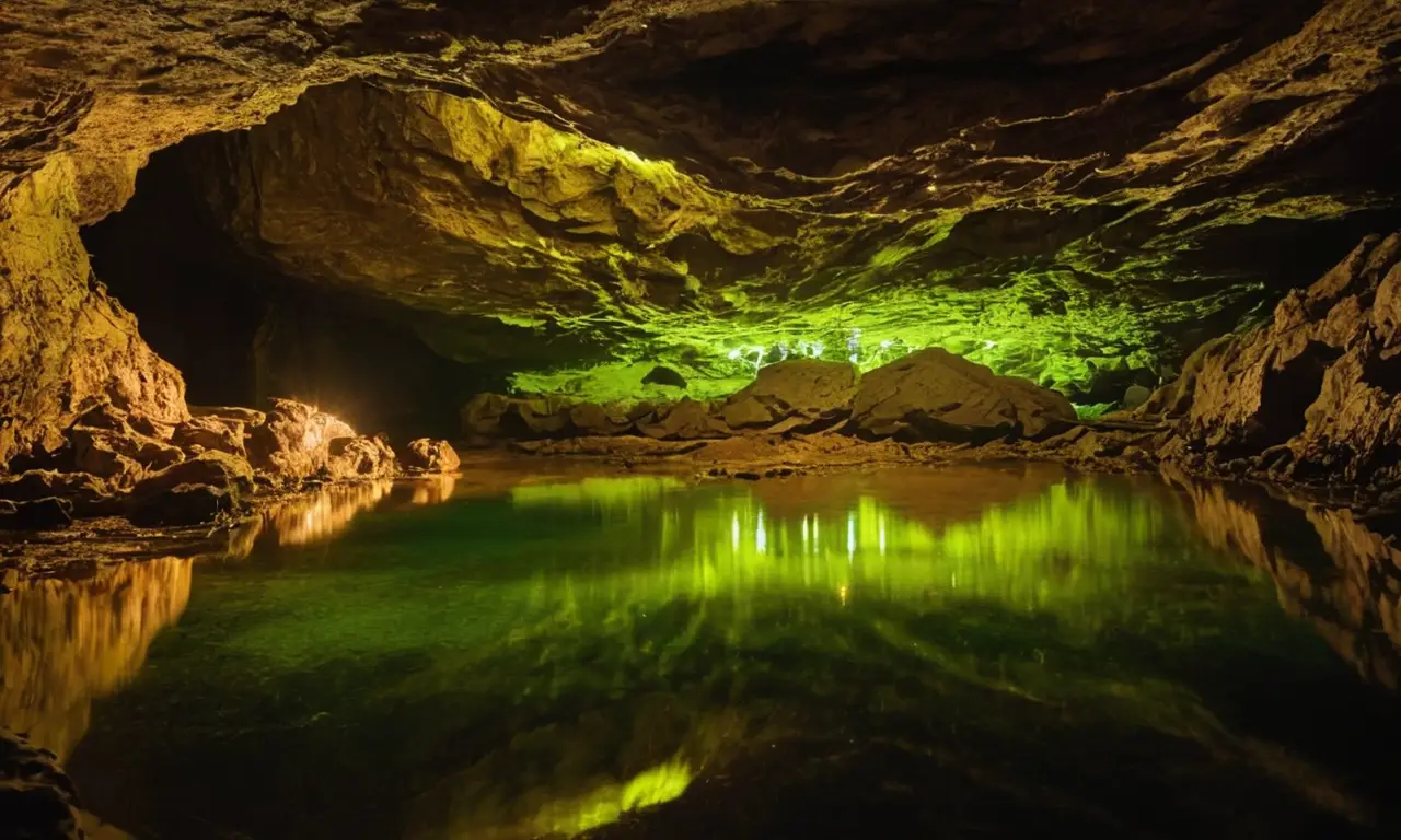 Cueva oscura con peces ciegos y hongos