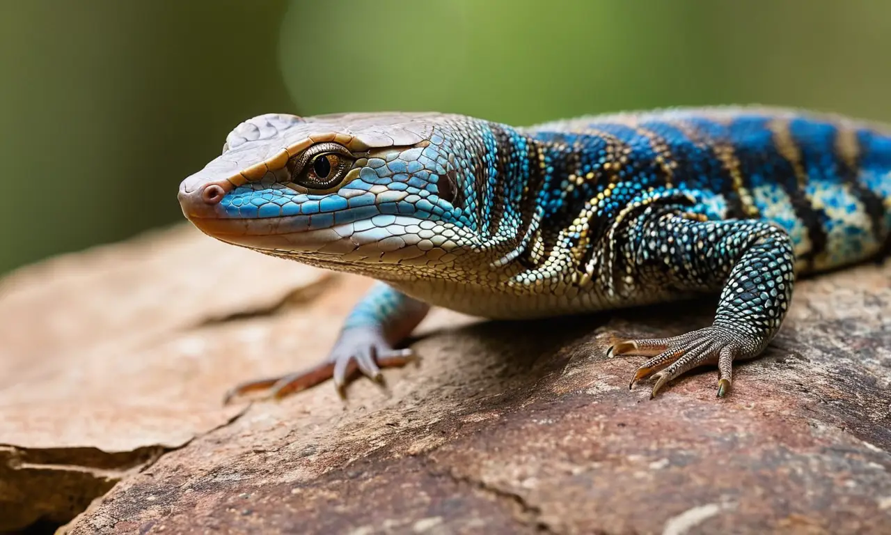 Un eslizón azul descansa en una roca