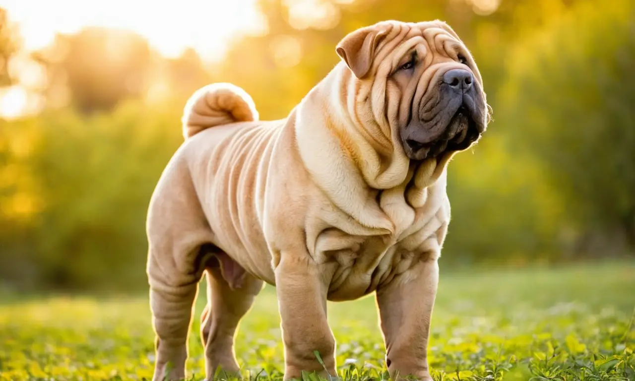 Un Shar Pei feliz en jardín soleado