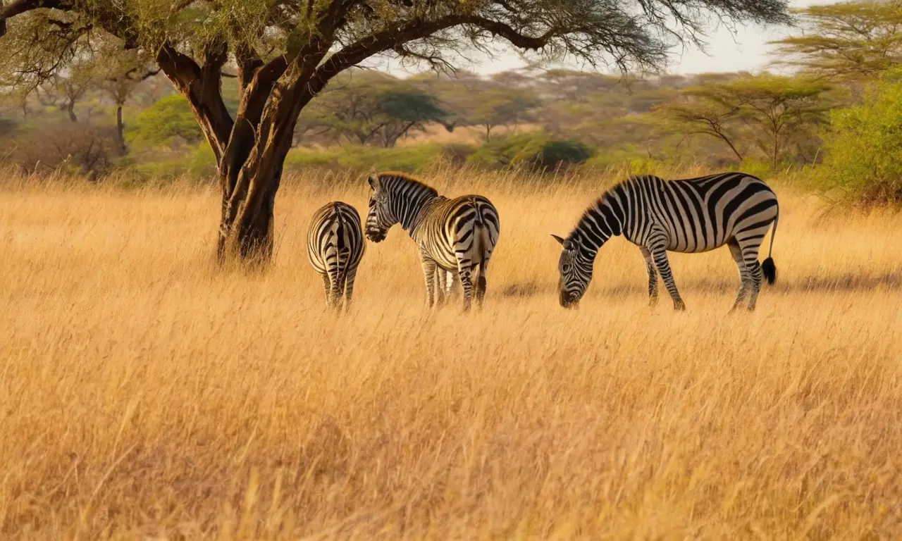 Zebras y elefantes en una savanna soleada
