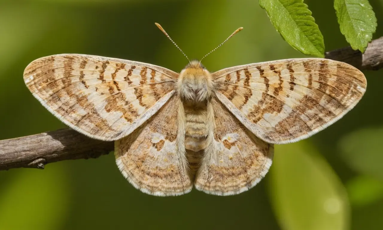 Polilla delicada en rama con hojas verdes