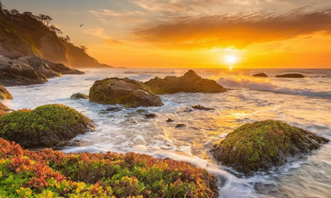 Paisaje costero vibrante y sereno al atardecer