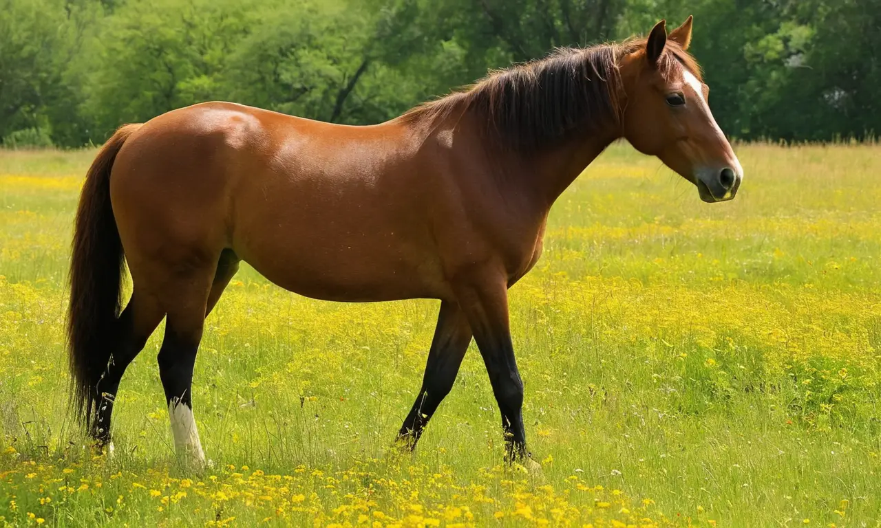 Caballo marrón en pradera iluminada