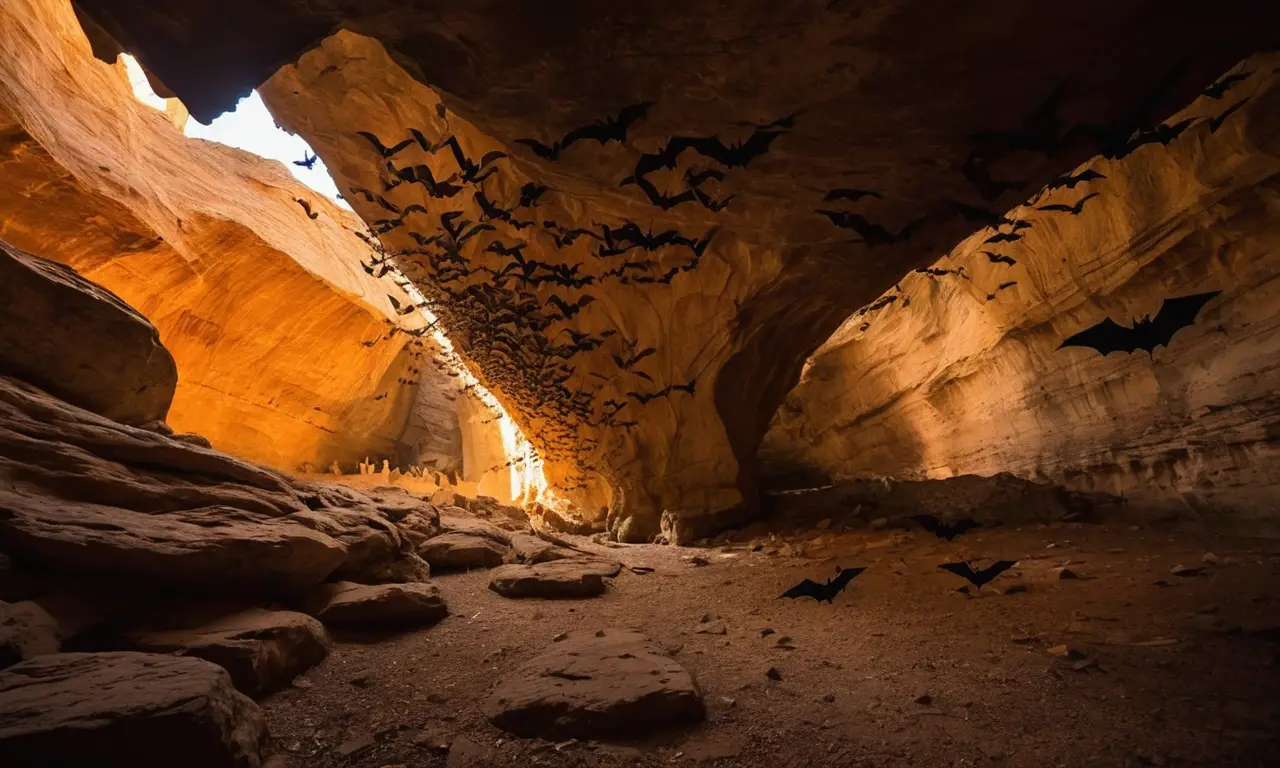 Cueva oscura con murciélagos en vuelo
