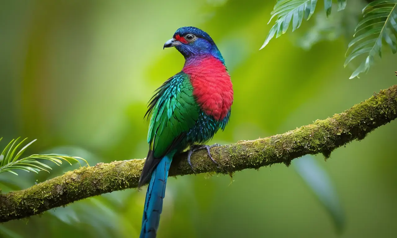 Quetzal verde brilla entre vegetación tropical