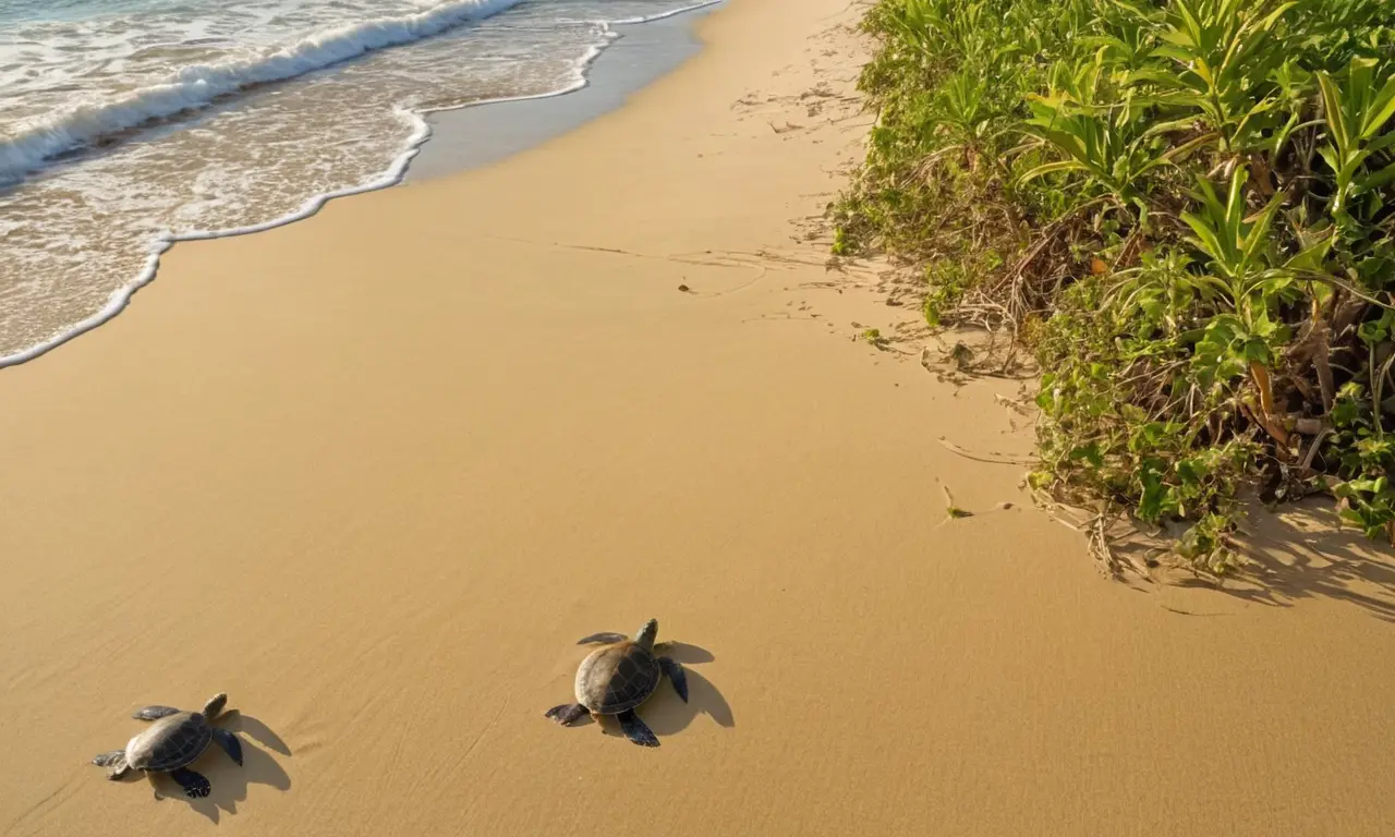 Escena costera vibrante con tortugas y naturaleza
