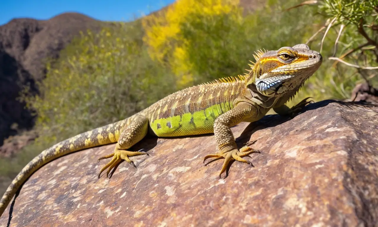 Un lagarto grande descansa en rocas volcánicas