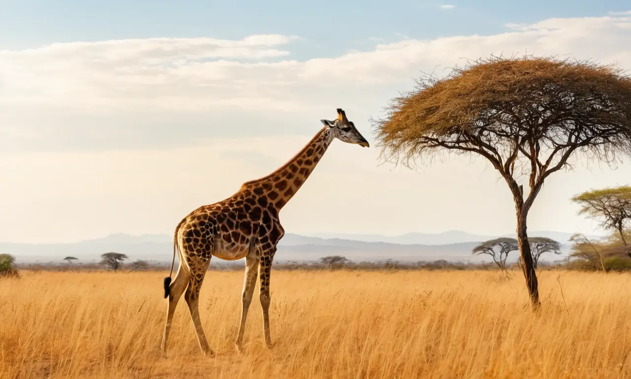Jirafa elegante en savanna bajo luz dorada