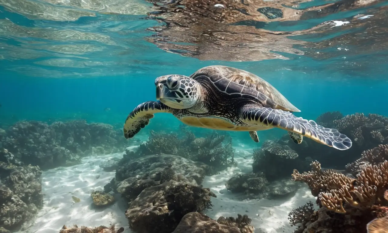 Tortuga marina nada en aguas turquesas