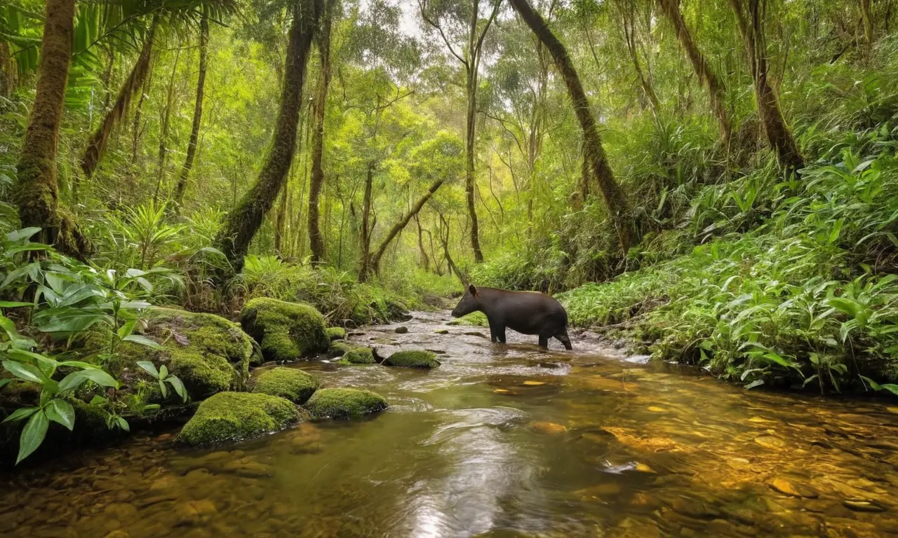 Selva exuberante con tapir junto a arroyo