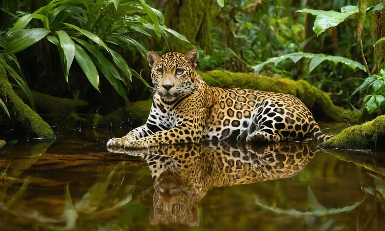 Selva vibrante con jaguar y rica biodiversidad