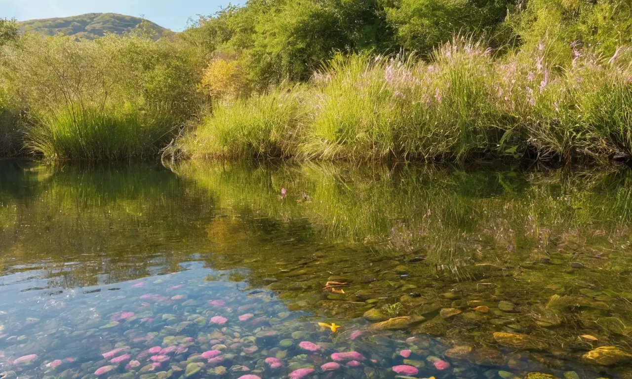 Lago sereno con ajolote y rica flora
