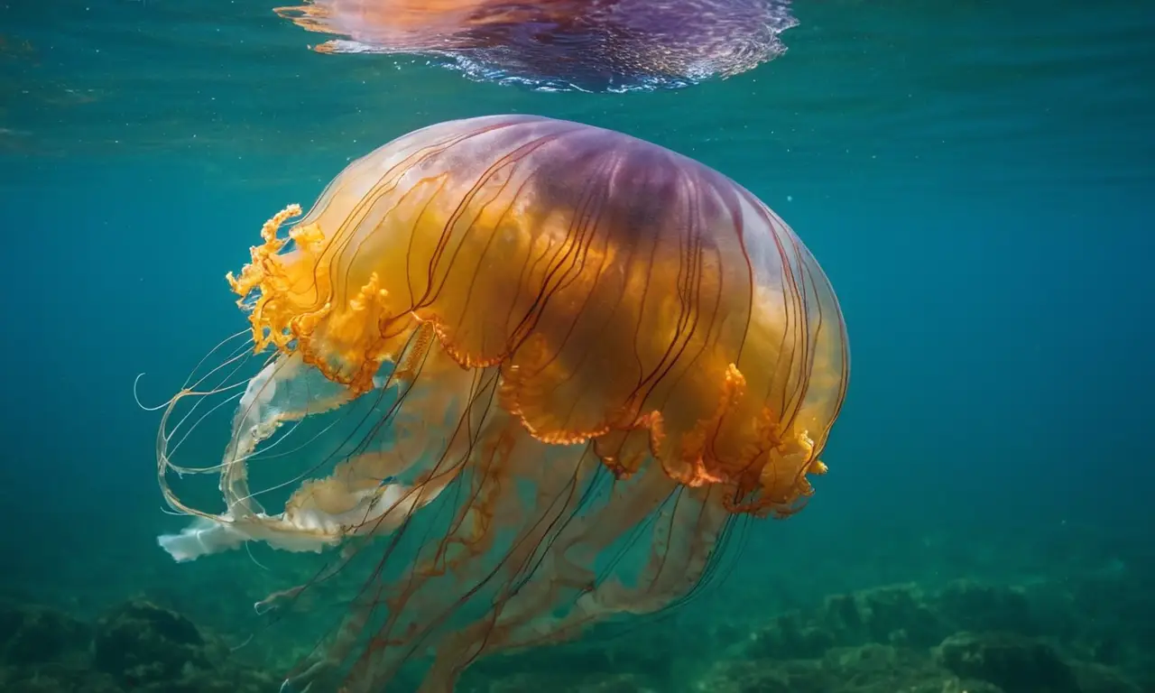 Medusa de león flota elegantemente en el océano