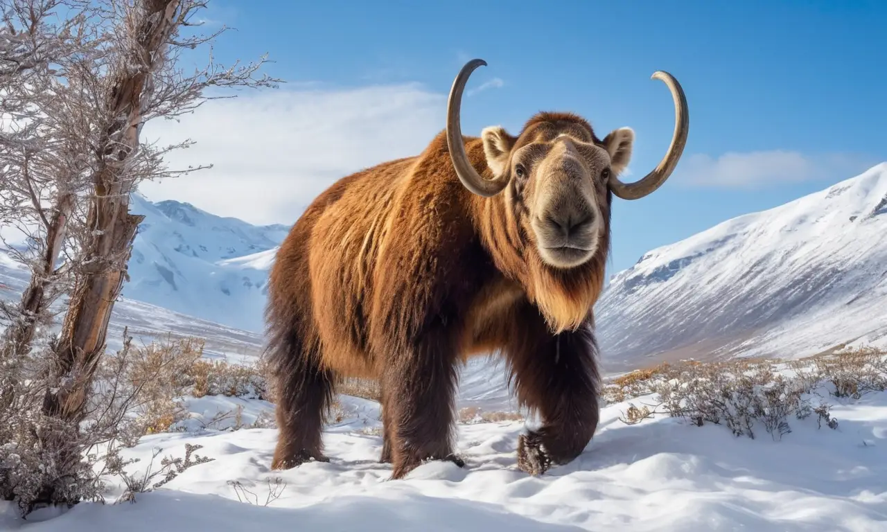 Escena prehistórica con mamut, felino y renos