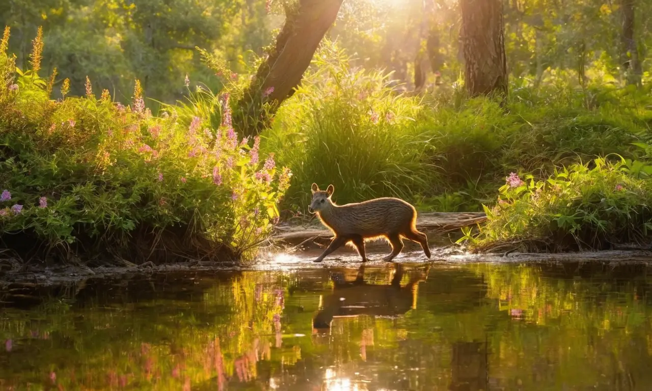 Escena de bosque con fauna diversa y vibrante