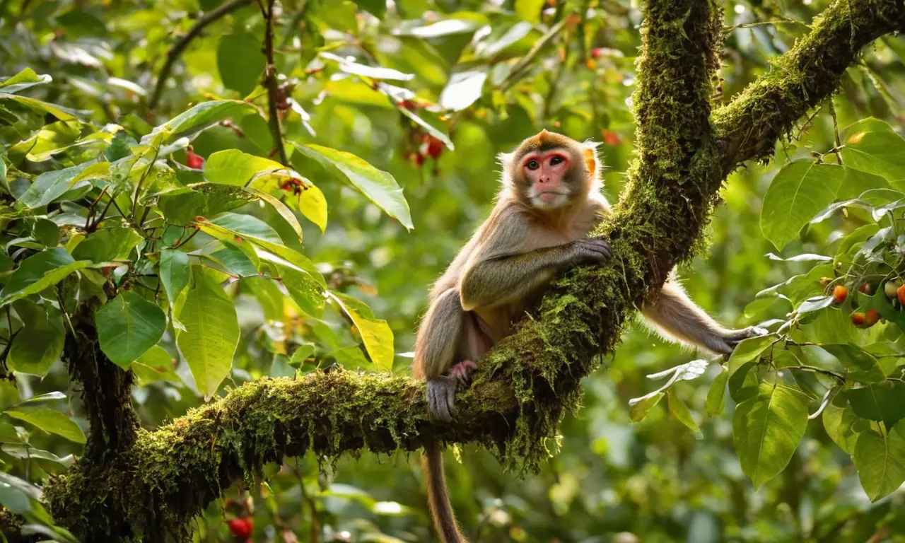 Escena vibrante de selva con monos y frutas