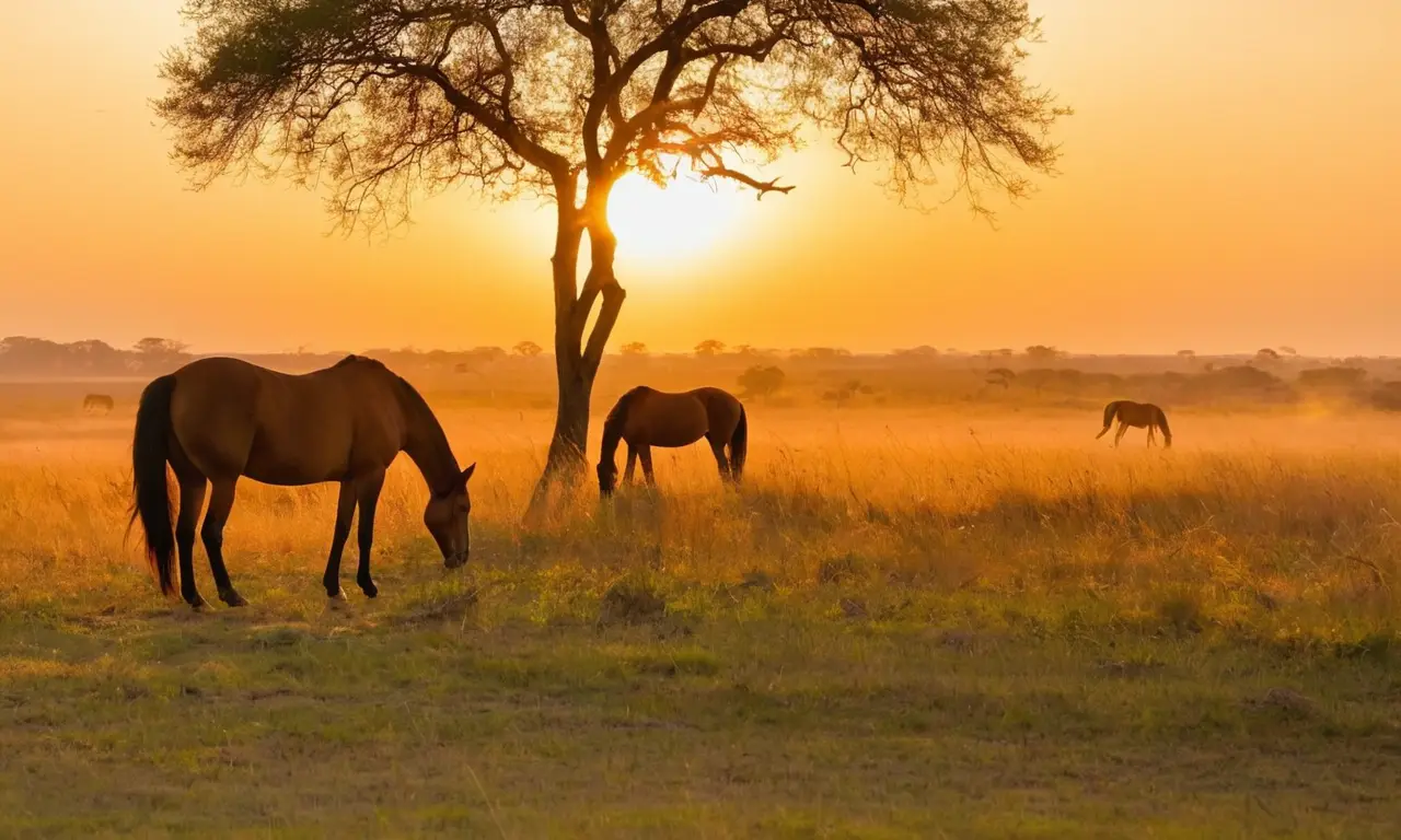 Caballos en la savannah al atardecer