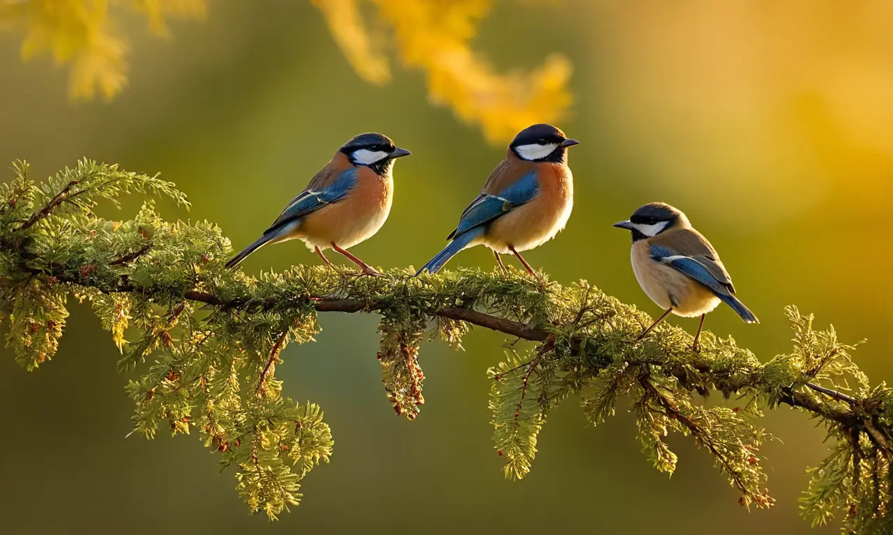 Aves coloridas descansan en ramas suaves