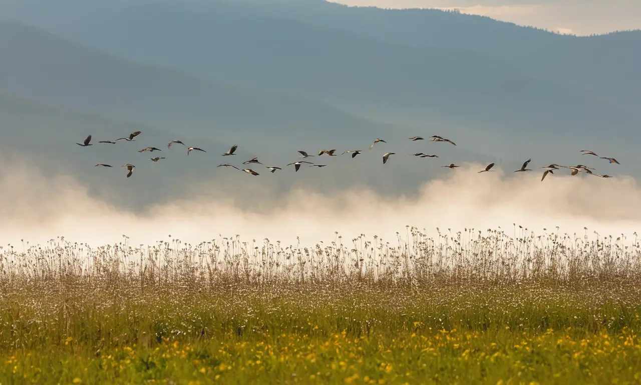 Vuelo elegante de aves migratorias en conjunto