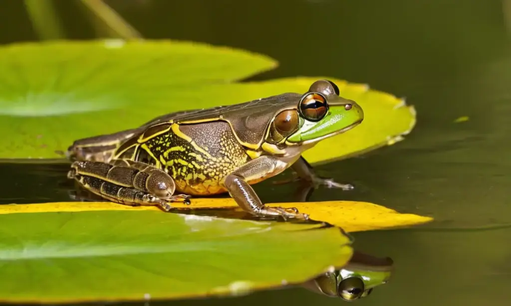 Rana bullfrog en un tranquilo lago