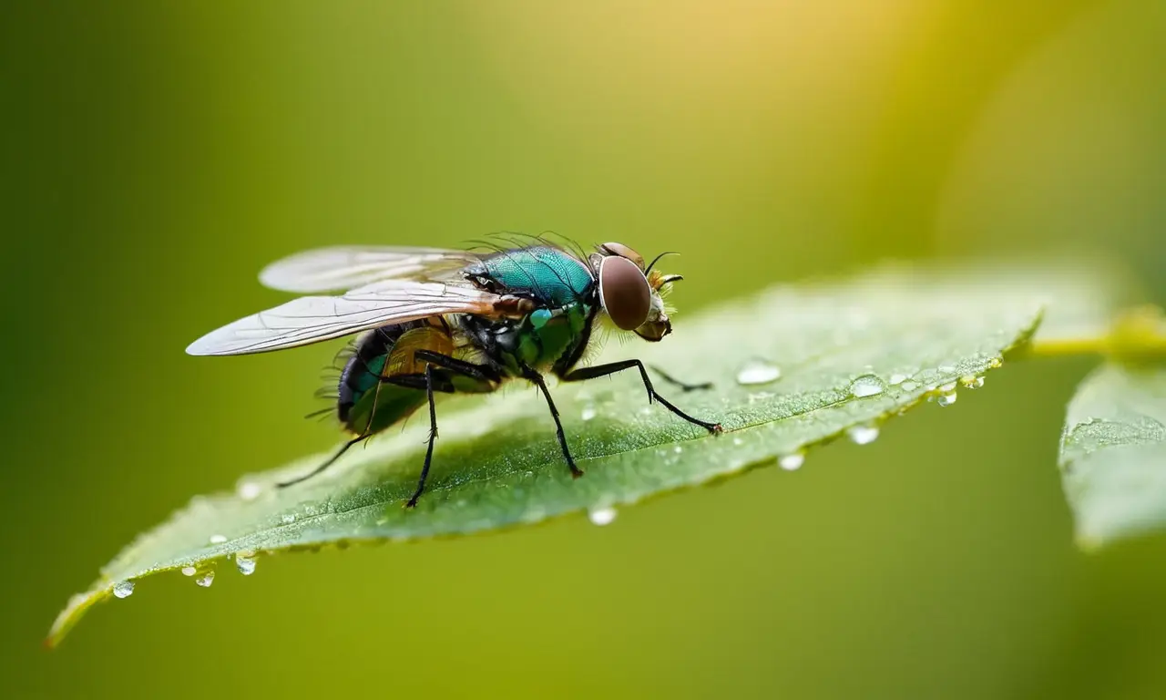 Una fly sobre una hoja verde brilla
