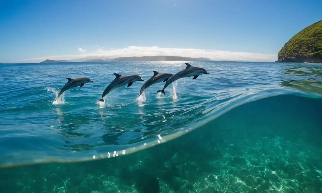 Delfines juegan bajo un cielo azul