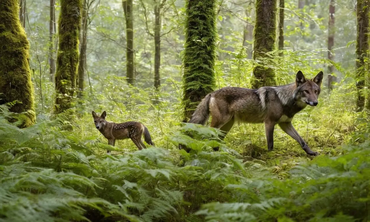 Bosque vibrante con lobos y vida interconectada