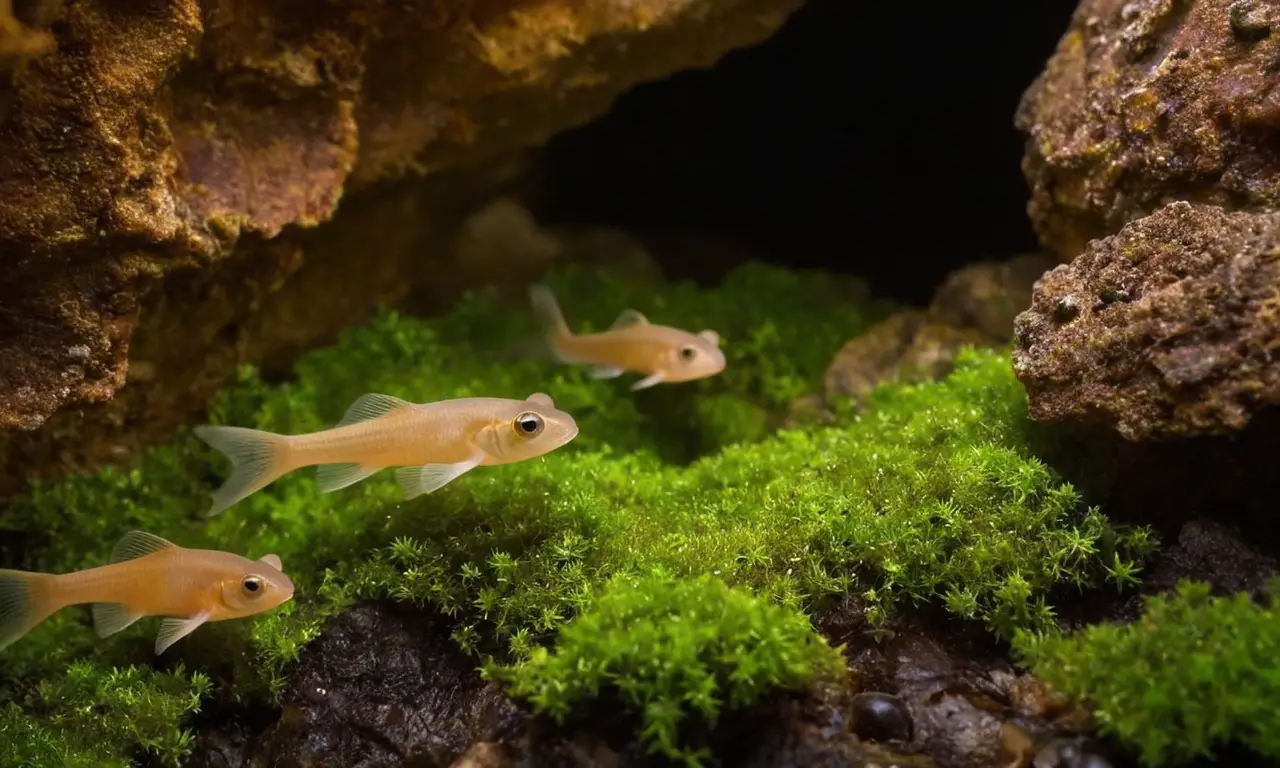 Caverna subterránea con vida diversa y luminosa