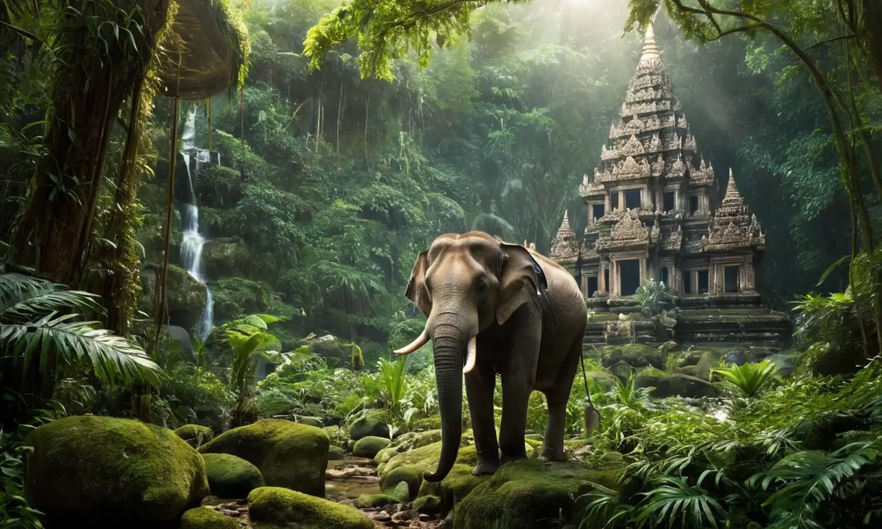 Selva vibrante con elefante y templo dorado