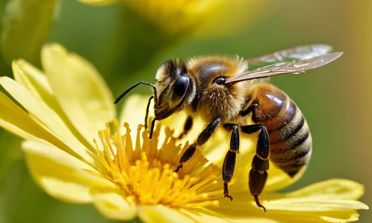 Abeja con detalles vívidos cerca de una flor