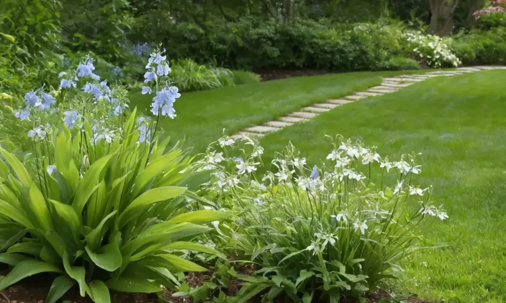 Jardín sereno de flores azules y blancas