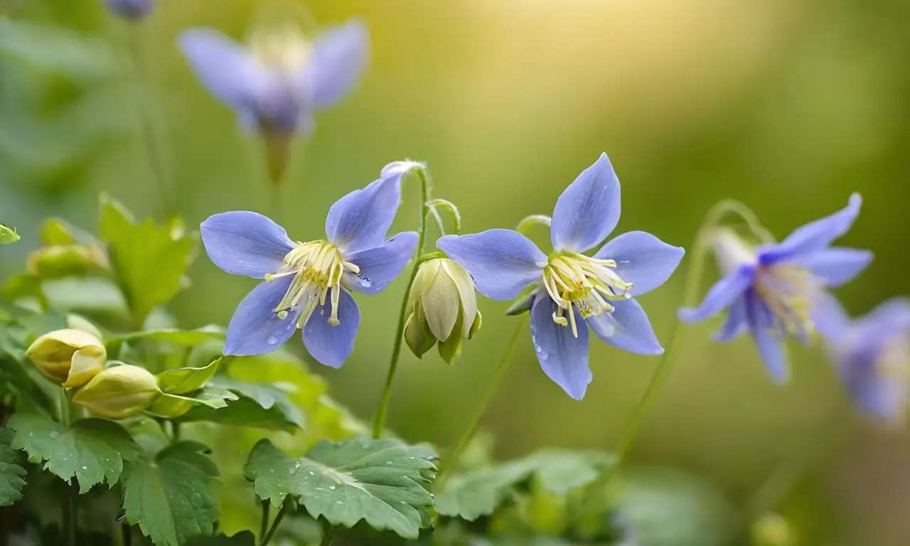 Flores Aquilegia caerulea en un jardín luminoso