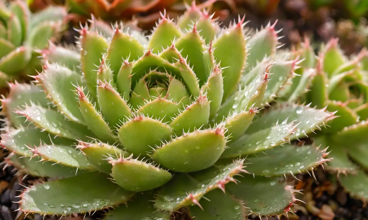 Semperevivum con detalles brillantes en un entorno natural