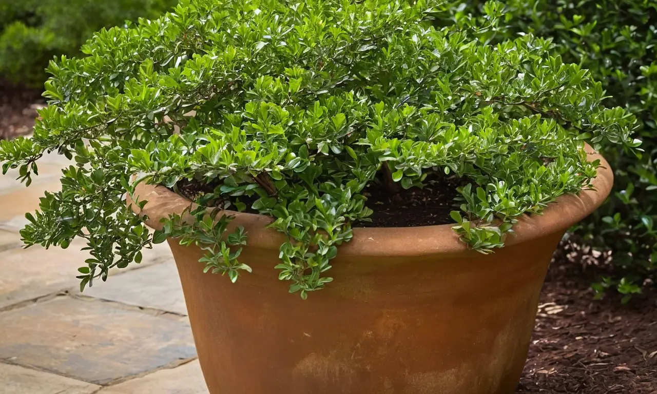 Árbol boxwood en maceta, ambiente sereno