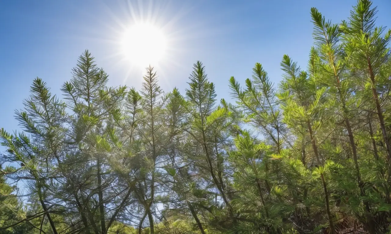 Bosque de coníferas bajo un cielo azul