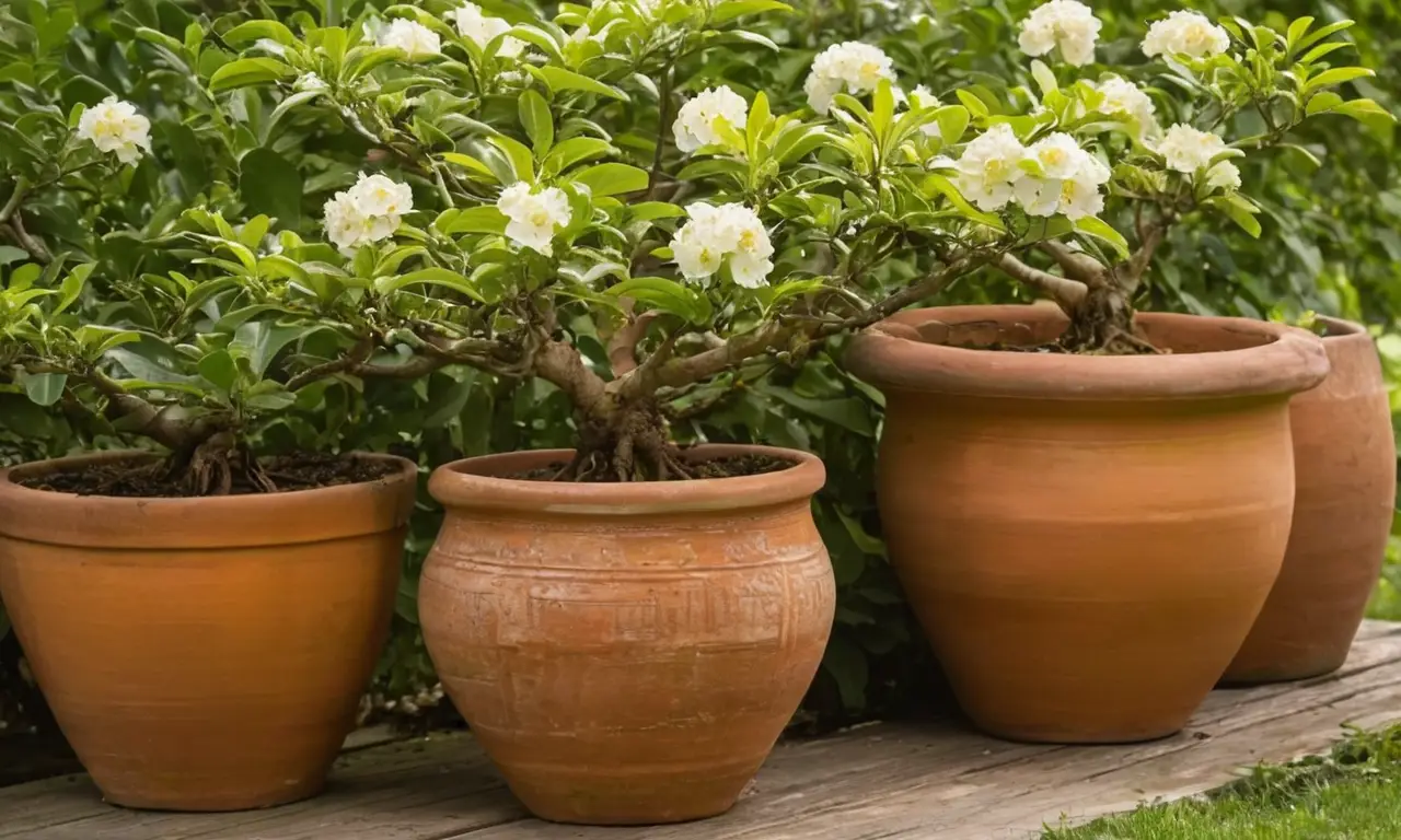 Guayabas vibrantes en macetas terracota