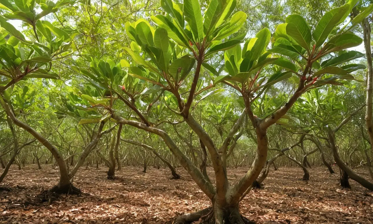 Árbol de guayaba vibrante y luz filtrada