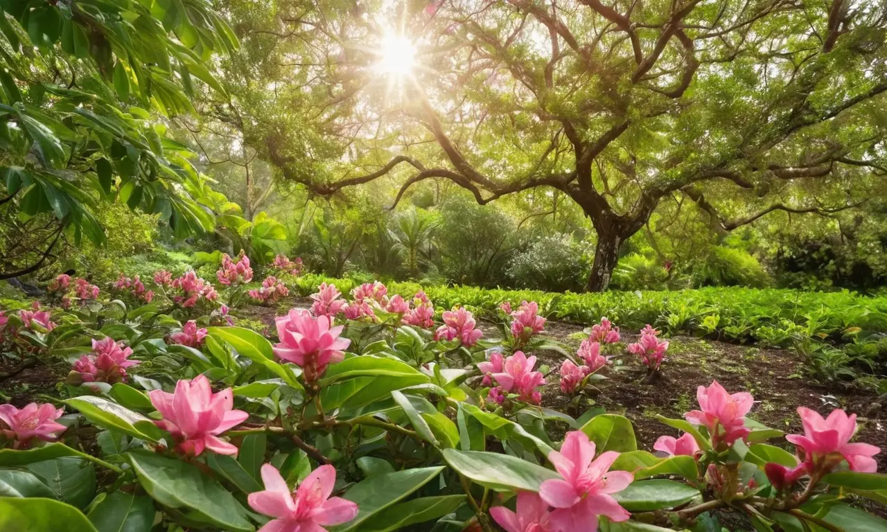 Jardín vibrante con guayabo y flores