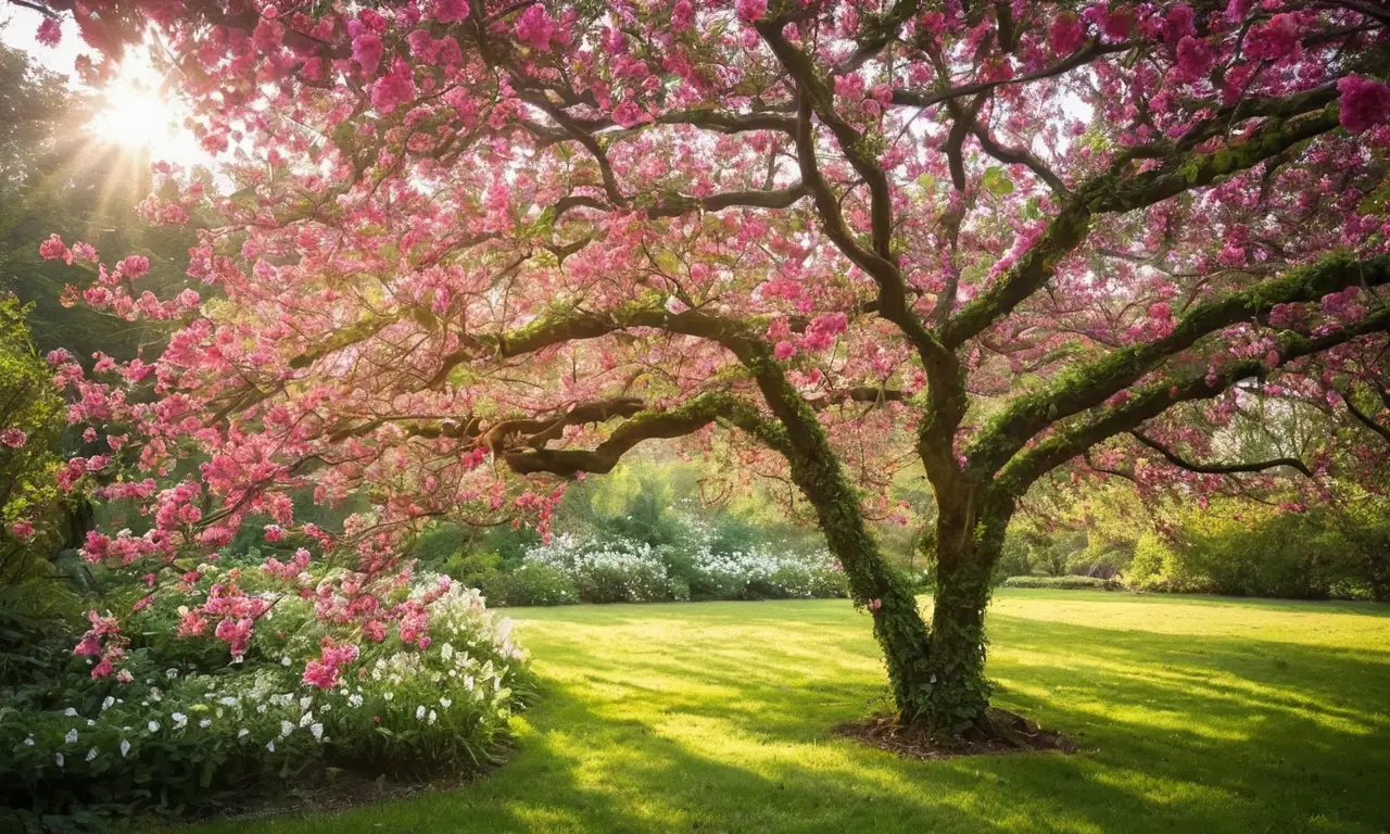 Jardín sereno con flores vibrantes y verde