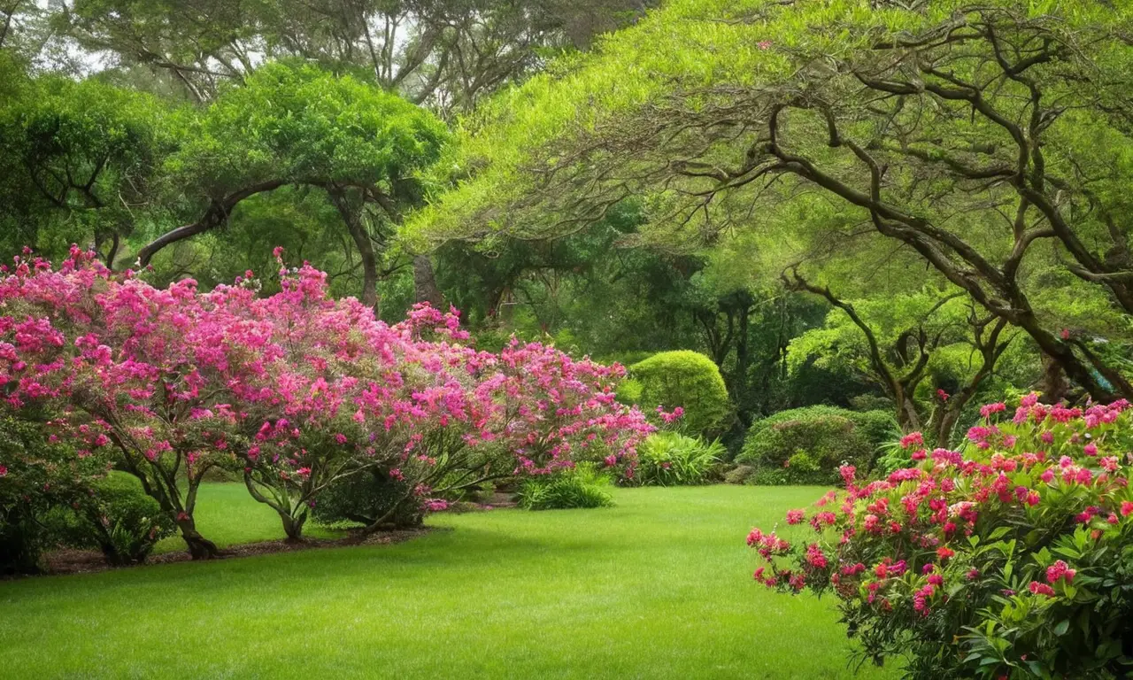 Árboles guayacán vibrantes en un jardín sereno